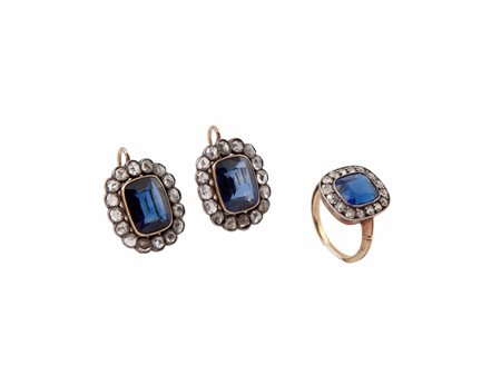  
Demiparure antica con anello e coppia di orecchini in oro, argento e diamanti 
 Anello ms. 13 - orecchini cm 3