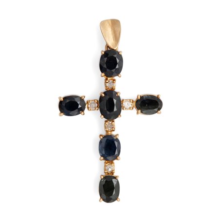  
Pendente in oro zaffiri e brillanti a croce 
 cm 4,5 x 2,5