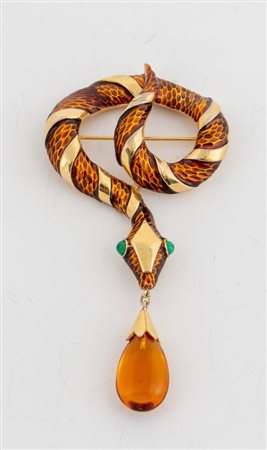 TRIFARI Spilla a forma di serpente con pendente in metallo dorato e dettagli...