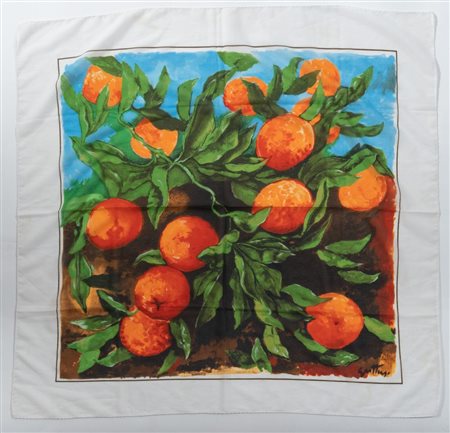 RENATO GUTTUSO Foulard a fantasia con disegno raffigurante arance. Cm 89x89....