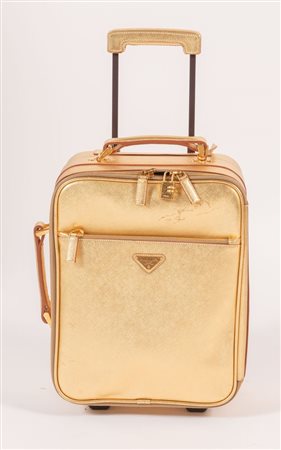 PRADA Trolley in pelle saffiano color oro e dettagli in metallo dorato. Cm...