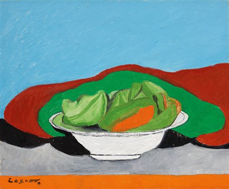 Giuseppe Cesetti, Natura morta con drappo verde, 1987