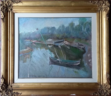 Bertucci Giacomo (1903-1982) - Paesaggio con barche - olio su tela cm.50x60...