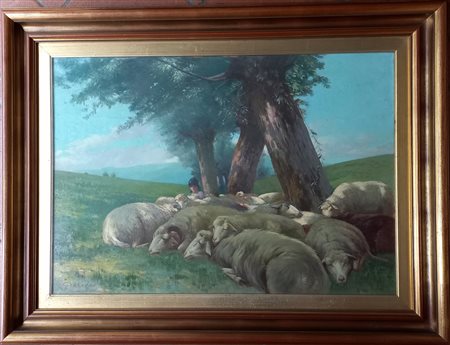 Giacobbi Ernesto (1891-1964) - Pastorella con pecore - olio su compensato...