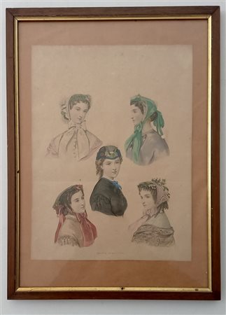 Antica stampa francese raffigurante modelli di cappellini cm.29,2x22 in cornice