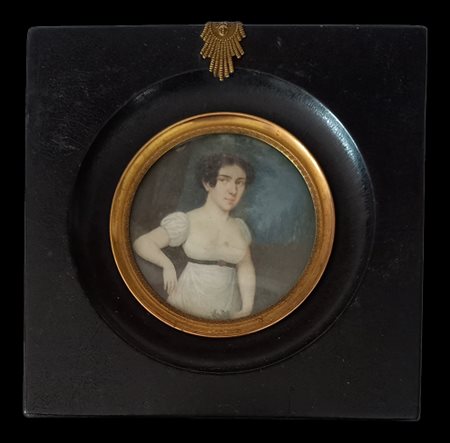 Miniatura raffigurante giovane donna in abito bianco cm.12,8x12,8 con...