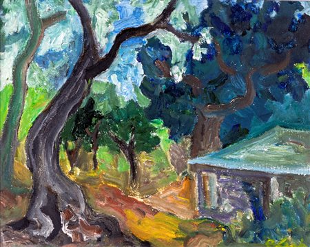 Carlo Levi (Torino, 1902 - Roma, 1975) Paesaggio boschivo con casale 1972...
