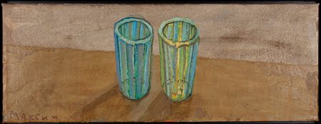 Maxim Kantor (Mosca, 1957 - ) Two Glasses 1999 Olio su tela cm 28x75 Firma in...