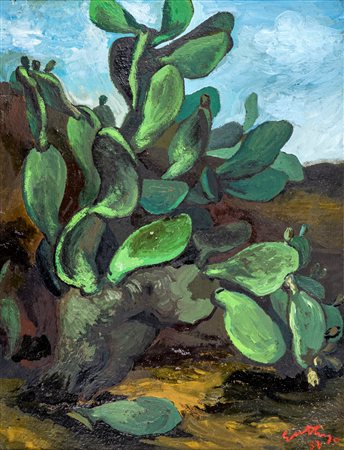 Renato Guttuso (Bagheria, 1911 - Roma, 1987) Cactus 1952 Olio su cartone cm...