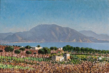 Giovanni Colacicchi (Anagni, 1900 - Firenze, 1992) Paesaggio Olio su cartone...