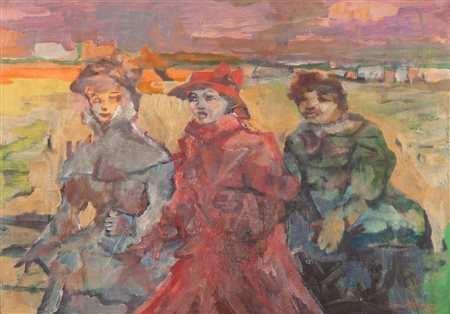 Mino Maccari (Siena, 1898 - Roma, 1989) Figure nel paesaggio 1956 olio su...