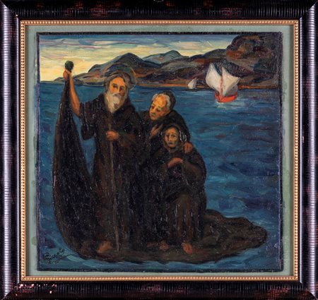 Giuseppe Piccolo (Santo Ilario Ionico, 1912 - Roma, 1996) Frati Olio su tela...