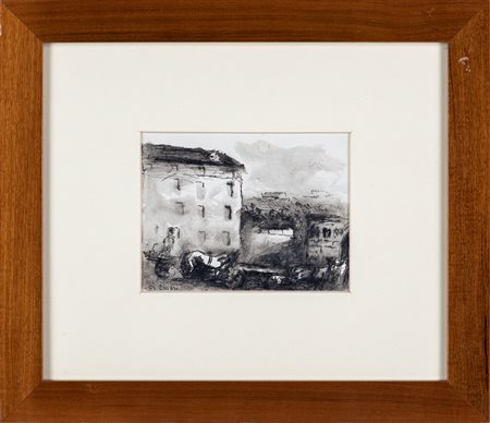 Alberto Ziveri (Roma, 1908 - Roma, 1990) Carri di buoi China e acquarello su...