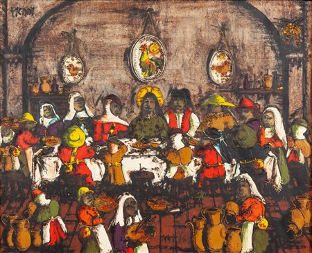 Gennaro Picinni (Bari, 1933 - 0) Le nozze di Cana Olio su tavola cm 55x67,5...