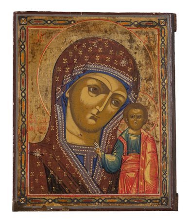 Scuola russa sec. XIX "Madonna con Santo" icona a 