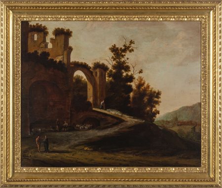 Scuola fiamminga sec.XVII "Paesaggio con pastori 