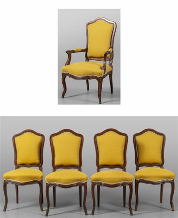 Quattro sedie ed una poltrona in stile Luigi XV 