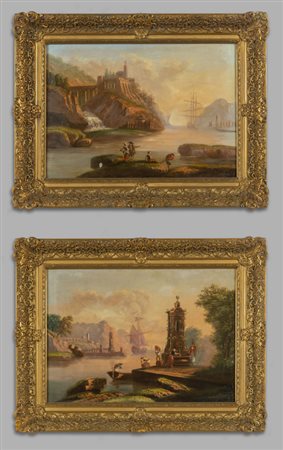 "Vedute di porti animati da personaggi" olio, 