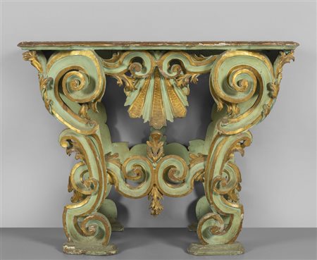 Console in legno intagliato a volute e laccato 