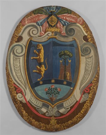 Grande stemma in legno di forma ovale dipinto in 