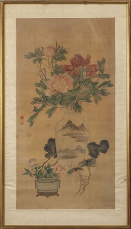 Pannello dipinto su seta raffigurante vaso con 