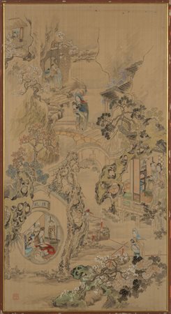 "Scena di vita cinese con molte figure" pannello 