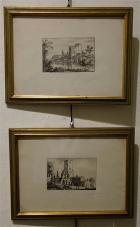 Coppia di incisioni raffiguranti paesaggi 