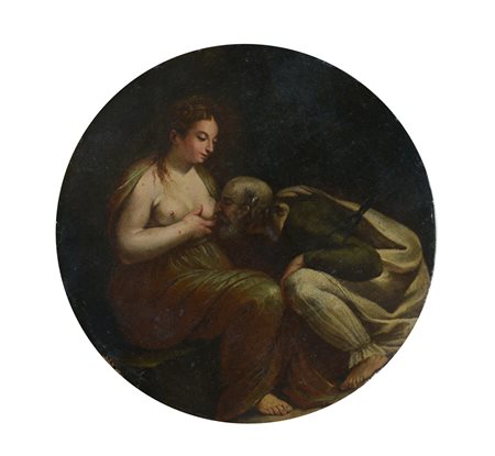 Scuola italiana del XVII secolo La carità romana olio su tavola D. cm. 25