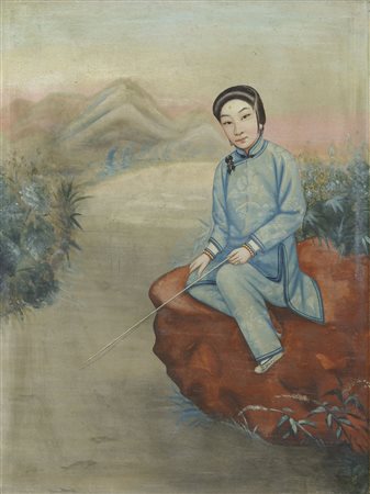 Scuola cinese del XIX secolo Pescatore Olio su tela, in cornice cm. 66,5x50