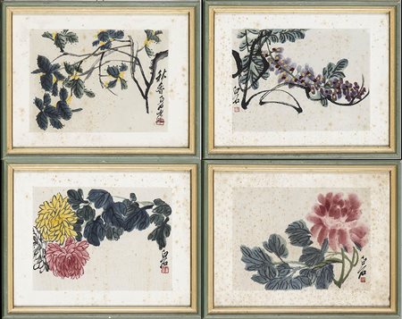 QUATTRO STAMPE DI QI BAISHI CON SOGGETTI FLOREALI