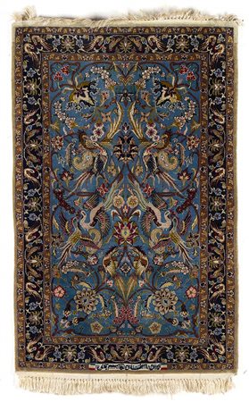 TAPPETO A FONDO TURCHESE CON FIORI E UCCELLI