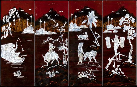 QUATTRO PANNELLI IN LEGNO LACCATO CON INTARSI IN MADREPERLA