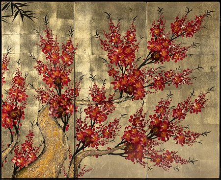 TRE PANNELLI IN LEGNO LACCATO CON COMPOSIZIONE FLOREALE