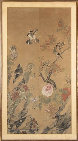 DUE SEZIONI DI DIPINTI A INCHIOSTRO E COLORI SU CARTA CON ‘FIORI E UCCELLI’