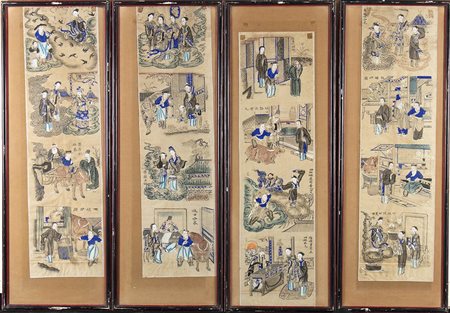 QUATTRO PANNELLI CON DIPINTI A INCHIOSTRO E COLORI SU CARTA 