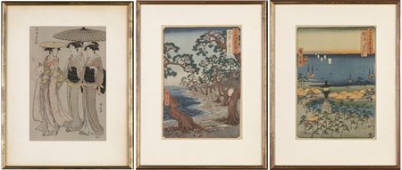 TRE STAMPE CON RIPRODUZIONI DI SCENE UKIYO-E