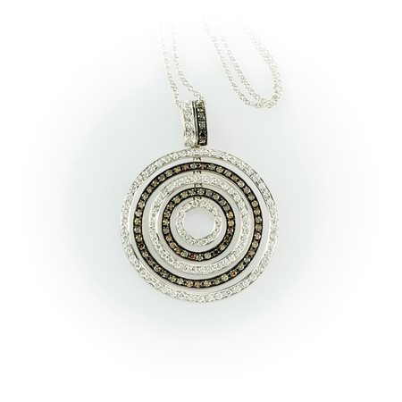 Collana in oro bianco con pendente a 5 cerchi concentrici con diamanti bianchi e Fancy Brown taglio rotondo