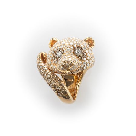 Anello in oro rosa Crivelli Panda con particolari diamanti ice, fancy brown e bianchi taglio brillante