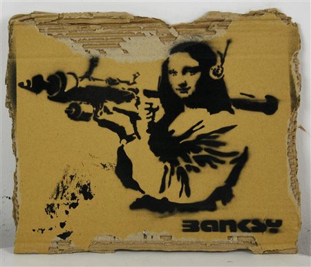 Banksy MONA LISA BAZOOKA sprayed stencil graffiti su cartone, cm 28x32 sul...