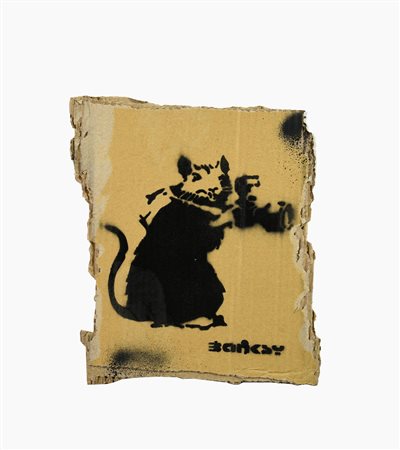 Banksy PAPARAZZI RAT sprayed stencil graffiti su cartone, cm 30x25 sul retro:...