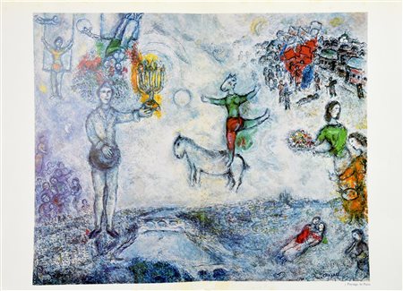 D'apres Marc Chagall SOLEIL AU CHEVAL ROUGE tipolitografia, cm 38x55 testo al...
