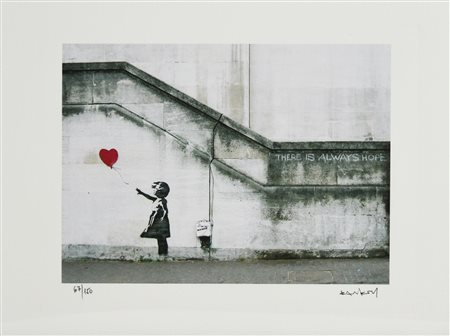 Da Banksy GIRL WITH BALLOON eliografia su carta, cm 28,5x38; es. 1/250 firma...