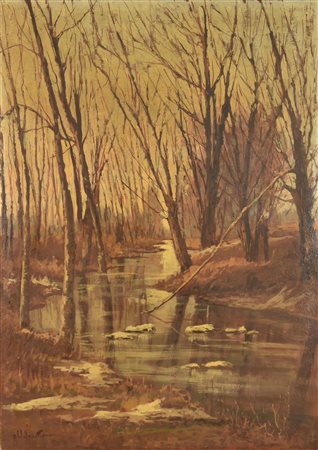 Aldo Vanotto FORESTA SPOGLIA olio su cartone, cm 70x50 firma sul retro: firma