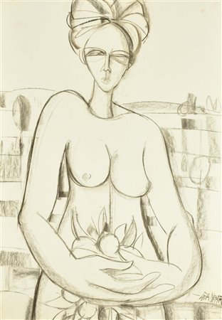 GIANBAR (Gianni Baretta) FIGURA DI DONNA CON FRUTTA carboncino su carta...