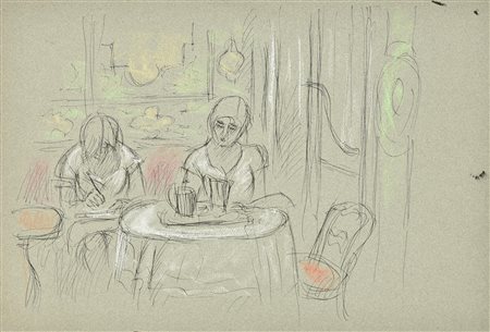 Enrico Allimandi AL CAFFE tecnica mista su carta, cm 33x50 eseguita nel 1950...