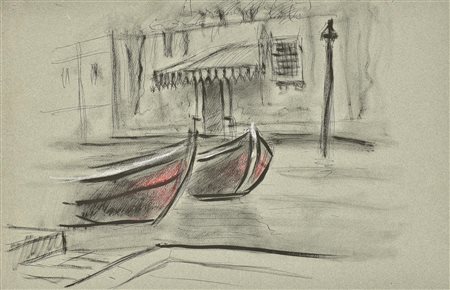 Enrico Allimandi GONDOLE SUL CANALE tecnica mista su carta, cm 33x50 sul...