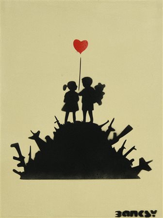 Banksy KIDS ON GUN spray stencil su tela, cm 40x30; 2/50 sul retro: iscritto...
