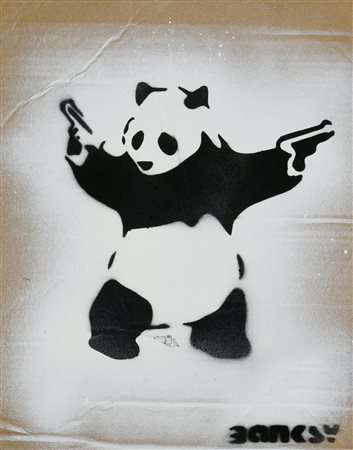 Banksy PANDA GUN sprayed stencil graffiti su cartone, cm 32x26; es. 2/20 sul...