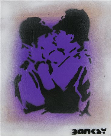 Banksy KISSING COOPPERS sprayed stencil graffiti su cartone, cm 32x27; es....