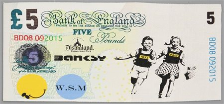Banksy DISMAL 5 POUND serigrafia e stencil su tela, cm 9x18 timbro "Dismaland...